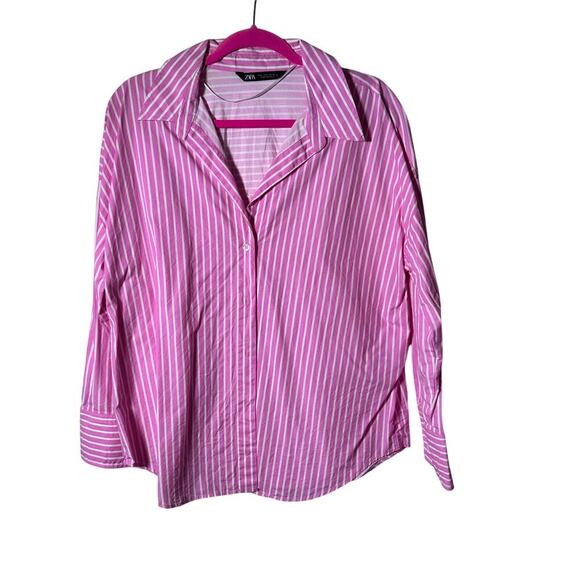 Zara Women's Pink White Striped Print Long Sleeves Button Down Shirt Size Large - Picture 1 of 4